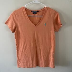 Vintage Ralph Lauren Sport V-Neck T-Shirt Women Medium Orange Preppy Casual Chic